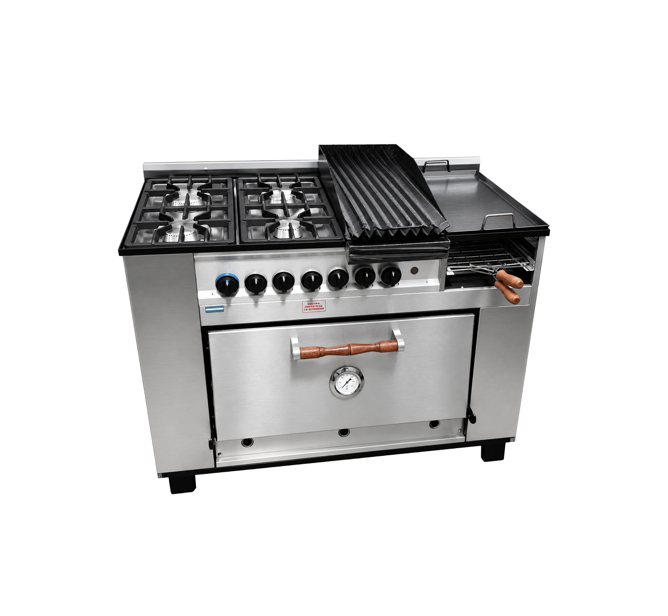 COCINA 4 HORNALLAS CON PLANCHA, PARRILLLA Y CARLITERO AI-23CGPP