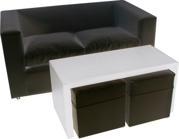 JUEGO SILLON C/2 POUF NEGRO + MESA RATONA BLANCA
