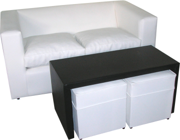 JUEGO SILLON C/2 POUF BLANCOS + MESA RATONA NEGRA