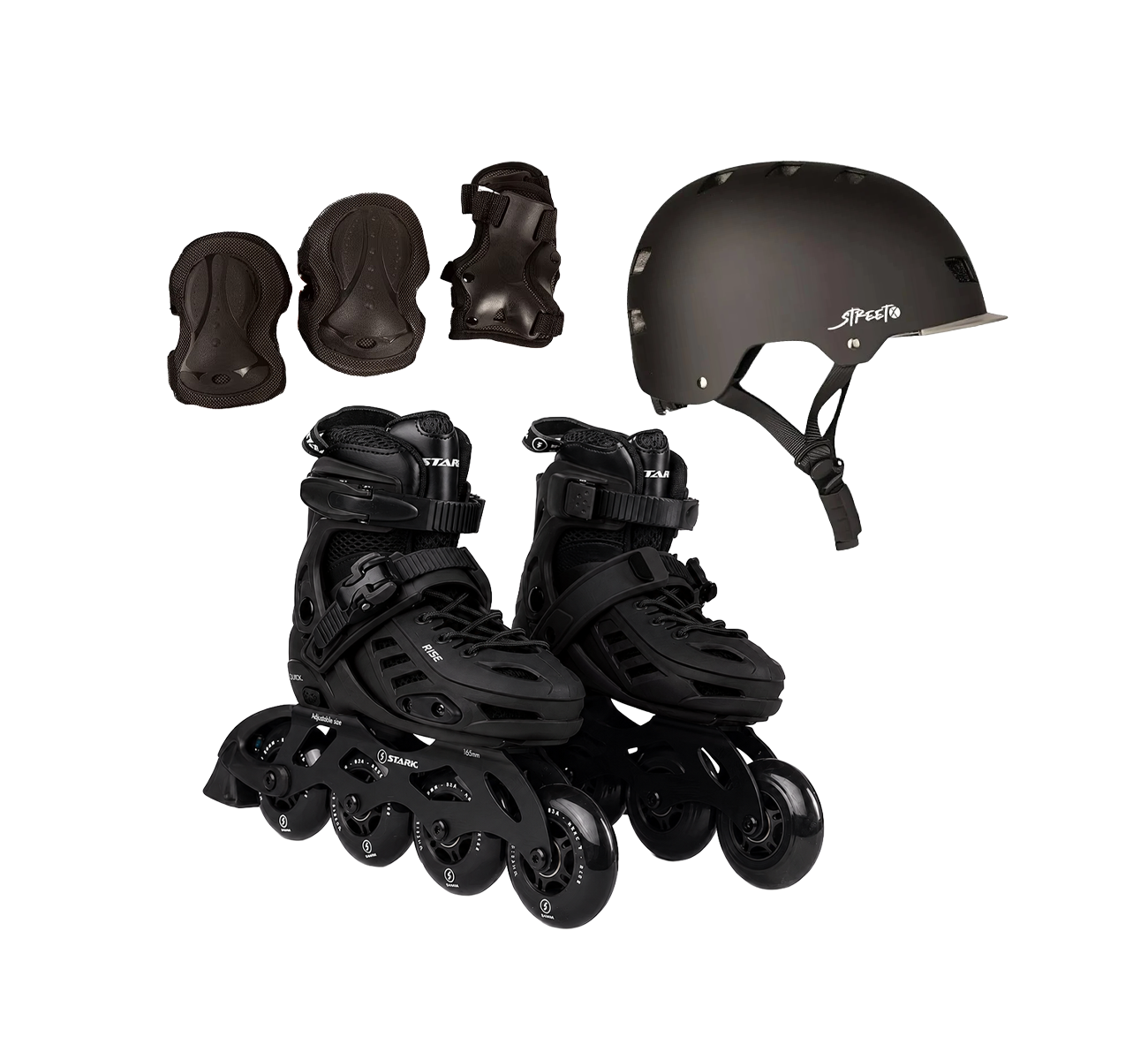 COMBO CASCO PROTECCIONES Y ROLLERS BLACK TALLE L STARK
