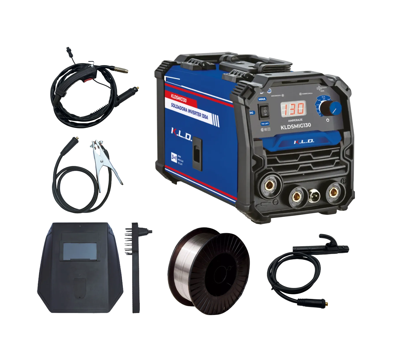 SOLDADORA INVERTER ELECTRICA 130AMP + ACCESORIOS KLDSMIG130 KLD