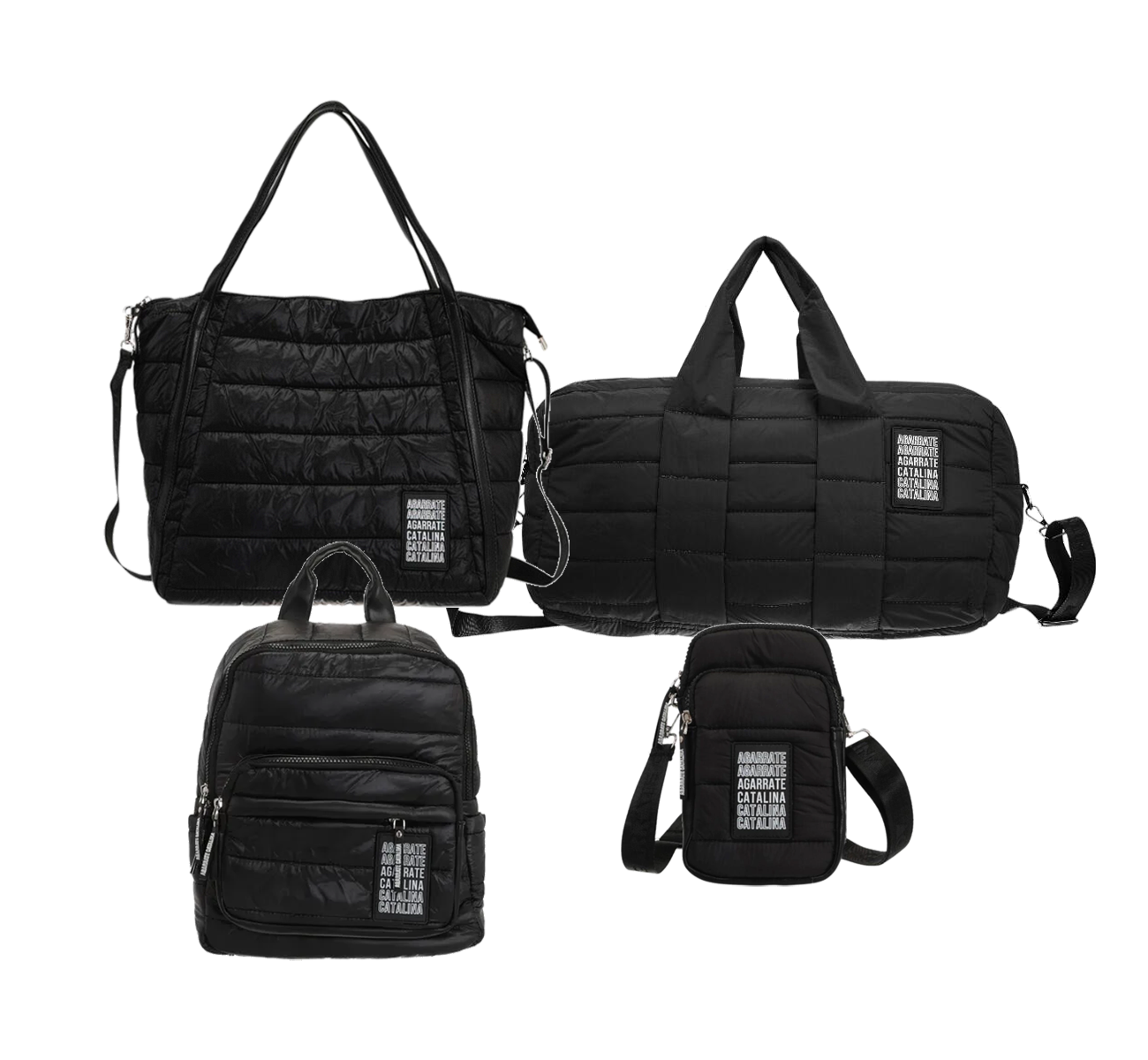 SET MOCHILA CARTERA BOLSO Y PORTACELULAR NEGRO AGARRATE CATALINA