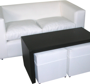 JUEGO SILLON C/2 POUF BLANCOS + MESA RATONA NEGRA